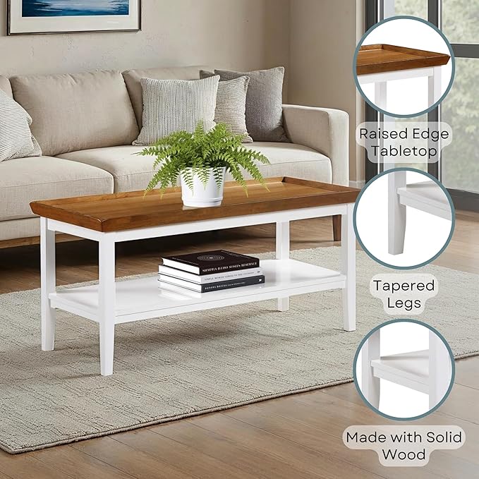 Convenience Concepts Ledgewood Coffee Table 42" - Modern Center Room Accent with Storage Shelf for Transitional, Traditional Living & Family Room, Driftwood/White