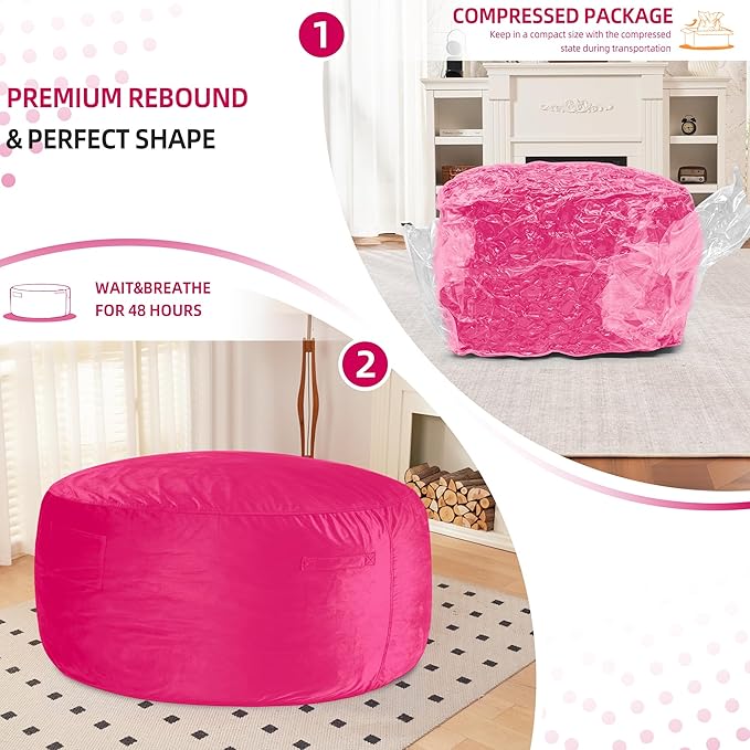HABUTWAY Bean Bag Chair 3Ft Luxurious Velvet Ultra Soft Fur with High Rebound Memory Foam Bean Bag Chairs for Adults Plush Lazy Sofa with Fluffy Removable Sponge 3' (Hot Pink)