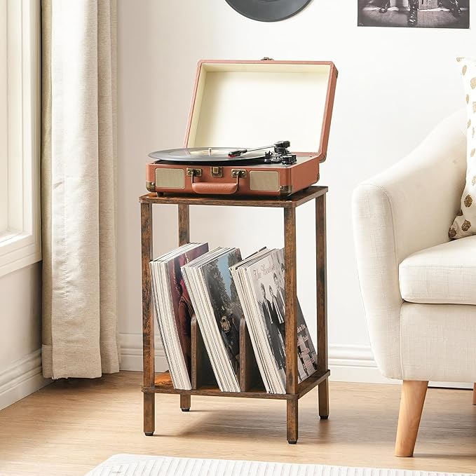HOOBRO Record Player Stand, 2-Tier End Table, Vinyl Record Turntable Stand with Storage up to 100 Albums, Small Side Table for Living Room, Bedroom, Rustic Brown, FG05RS01