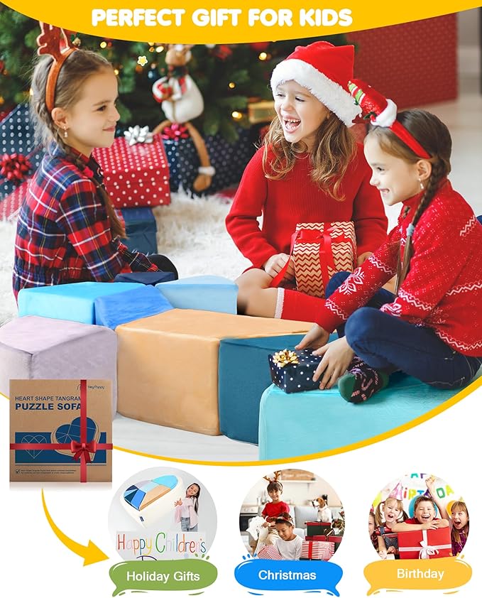 Kids Play Couch, 2-in-1 Heart-Shape Kids Plays Sofa with Unique Ball Pit(no Balls Included), Tangram Puzzle Play Couch for Playroom, Modular Play Sofa for Inspiring Creativity, Ocean