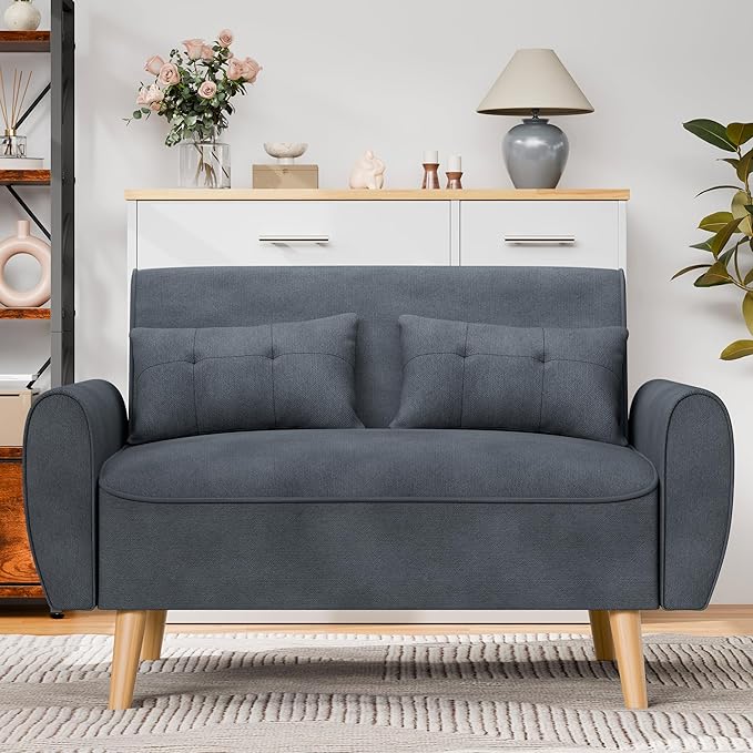 Shintenchi Small Modern Loveseat Couch Sofa, Mid Century Fabric Upholstered 2-Seat Sofa Couch Love Seats Furniture for Small Space,Living Room,Studio,Apartment with 2 Pillows