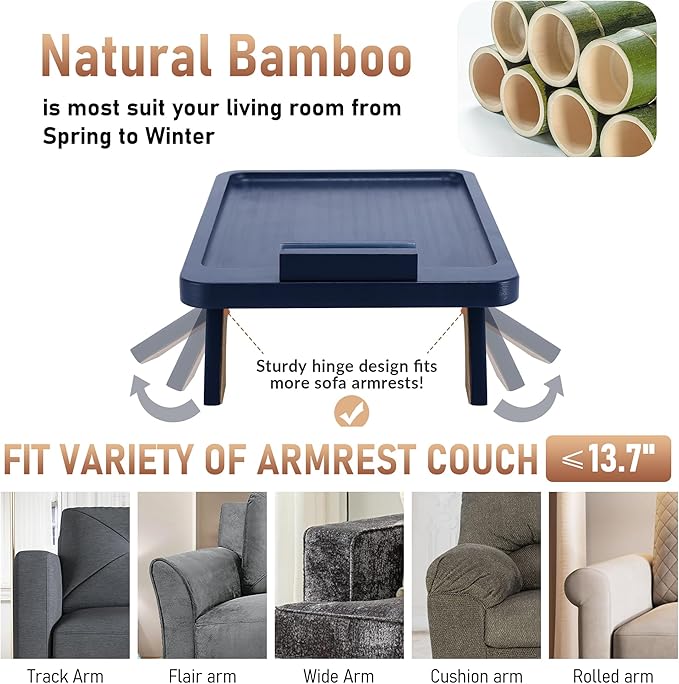 SINWANT Couch Armrest Table, Bamboo Couch Arm Table 360° Phone Holder,Foldable Sofa Arm Tray for Eating Drinking Snacks Remote on Chair Armrest
