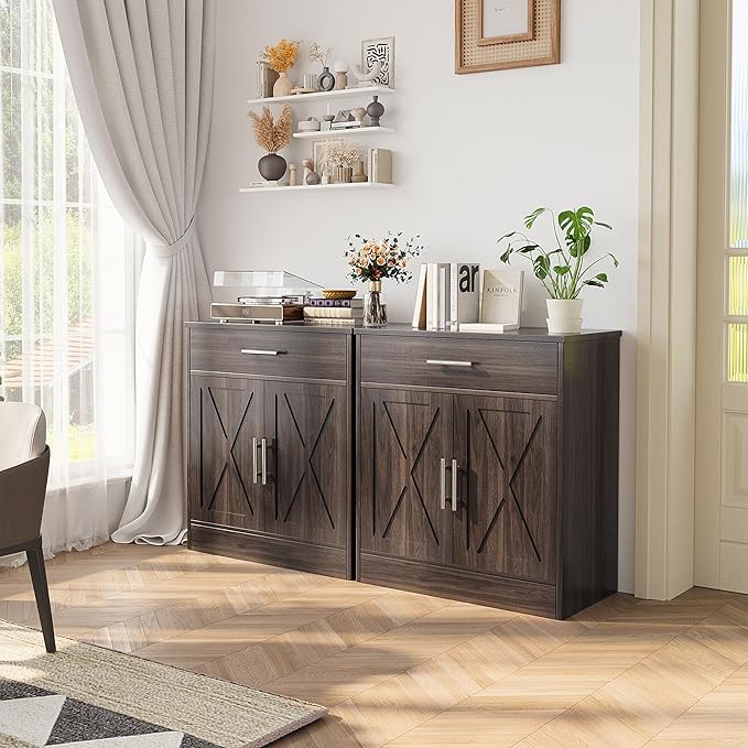 Shintenchi Farmhouse Storage Cabinets with Doors and Shelves,Kitchen Barn Door Storage Cabinet with Drawers,Coffee Bar Cabinet Buffest Sideboard for Dining Living Room,Bathroom,Entryway,Dark Brown