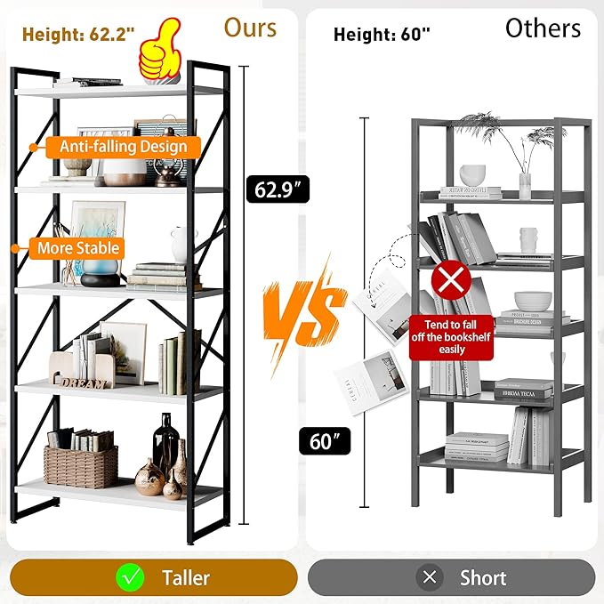 Shintenchi 5 Tiers Bookshelf, Classically Tall Bookcase Shelf,Industrial Book Rack,Modern Book Holder in Bedroom/Living Room/Office, Storage Rack Shelves for Books/Movies,11.8" Dx23.6 Wx62.2 H,White