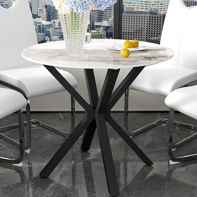 Marble Round Dining Table with Black Metal Legs, 32 in Modern Sintered Stone White Kitchen Table Circle Table for Dining Room Kitchen