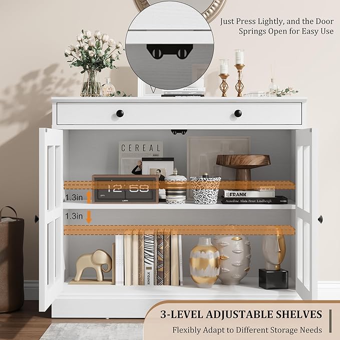 GarveeHome 35.4" Sideboard Buffet Cabinets with Glass Door, Buffet Cabinet with Storage, White Sideboard Cabinet with Drawer, Modern Buffets & Sideboards for Dining Room, Kitchen