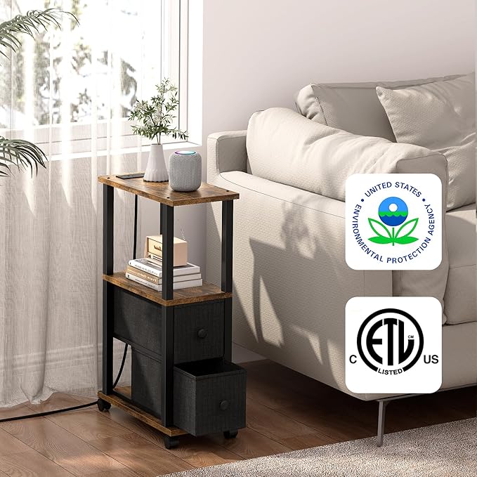 TUTOTAK Small Narrow End Tables, Side Tables with 2 Fabric Drawers, Set of 2, Bedside Tables with Charging Station for Small Spaces, Slim Nightstands with USB Ports and Wheels, TB01BB053