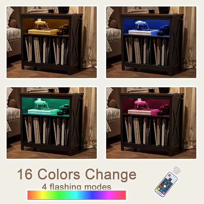 ChooChoo Large Record Player Stand with Charging Station & LED Light, Vinyl Record Holder hold up to 300 Albums, Farmhouse End Table for Bedroom, Living Room, Black