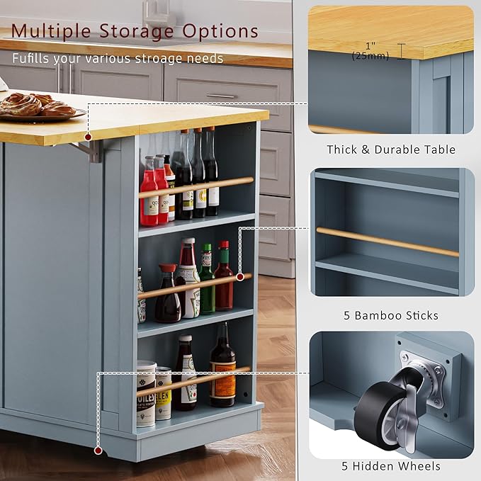 YOTPO 53" Large Kitchen Island with Drop Leaf,Power Outlet & Door Internal Storage Rack,Rolling Kitchen Cart on 5 Wheels W/ 5 Open Side Racks for Kitchen,Dining Room,Grey Blue(Not Include bar stools)