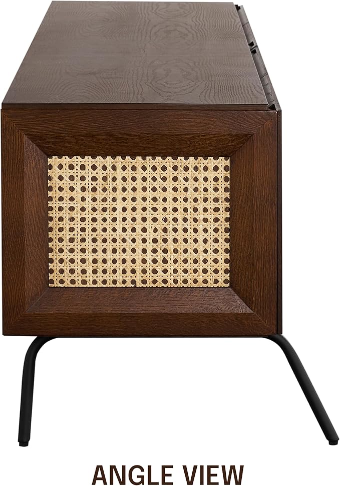 NTC Mossic TV Media Cabinet with 4 Doors for TVs, Entertainment Center with Natural Rattan, Metal Legs, Modern Storage Console for Living Room and Bedroom, Effortless Assembly, Dark Walnut