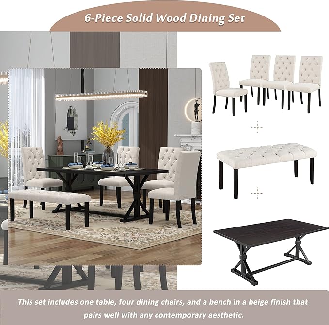 Ball & Cast 6 Piece Dining Table Set with 4 Upholstered Chairs and 1 Bench,Wooden Living Room Furniture for 6 W/ 72" Rectangle Desk,for Small Space,Apartment,Dining Room,Espresso