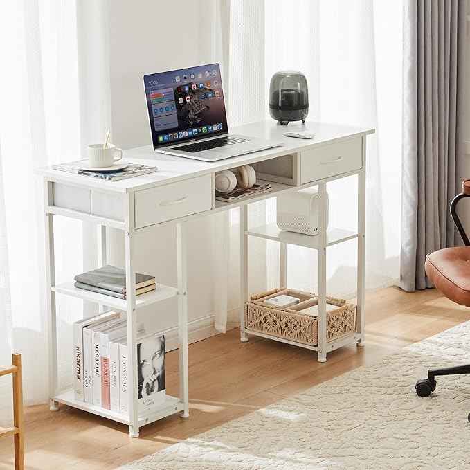 Whitmor Computer Desk - 48 Inch Home Office Study Writing Table with 2 Fabric Drawers, Storage Shelves, Side Bag, Headphone Hook, White