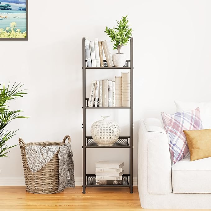 Bookshelf Vertical Storage Freestanding Storage Stand for Living Room, Bedroom, Kitchen, Rust Resistance, Easy Assemblyl Free CombinationMulti-Functional Organizer (4 Tiers, Black)