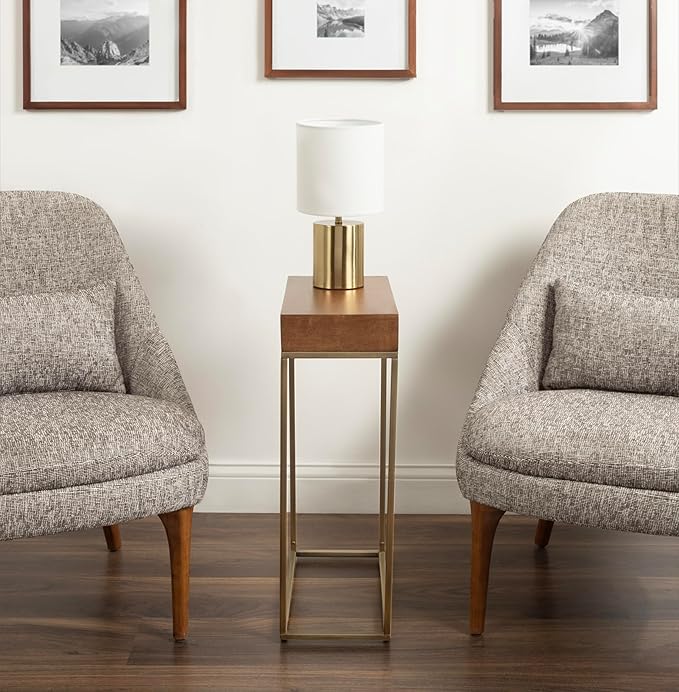 Kate and Laurel Karlsen Mid-Century Wood and Metal Narrow Side Table; 16 x 24 x 8; Walnut Brown and Brass; Slim Bedroom Nightstand with Mixed Materials Design