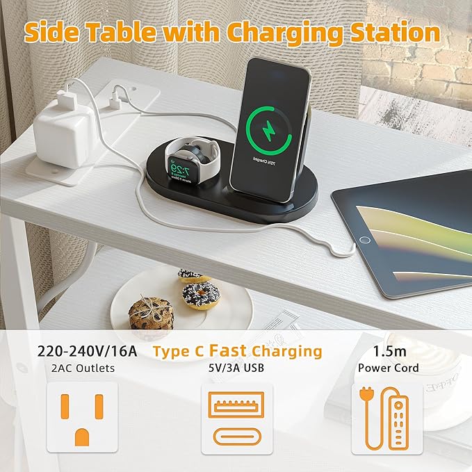 TIQLAB End Table with Charging Station, Narrow Side Table with 2 Fabric Drawers, Nightstand with LED Light, Slim Bedside Table for Bedroom, Living Room, Small Spaces, White