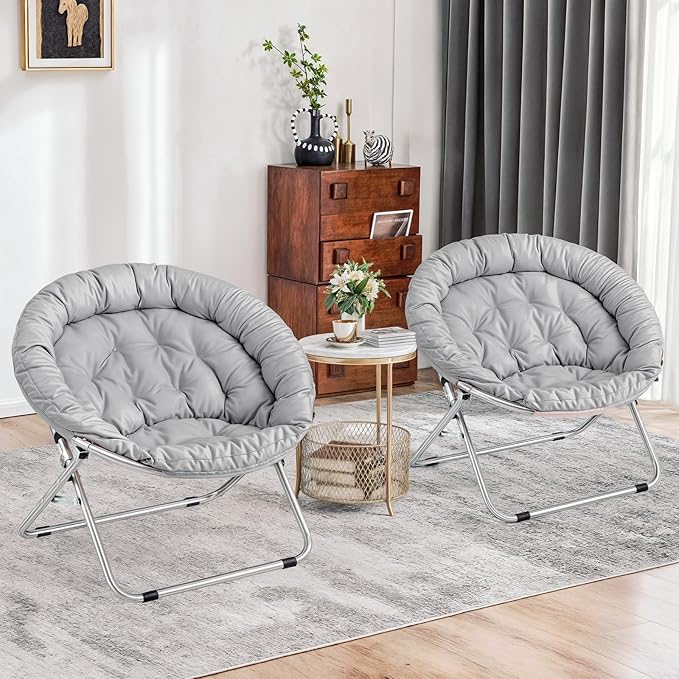MoNiBloom Round Folding Saucer Chairs Set of 2 for Bedroom Living Room Dorm Foldable Metal Frame Comfy Soft Lounge Lazy Cozy Moon Chairs for Teens (Grey)