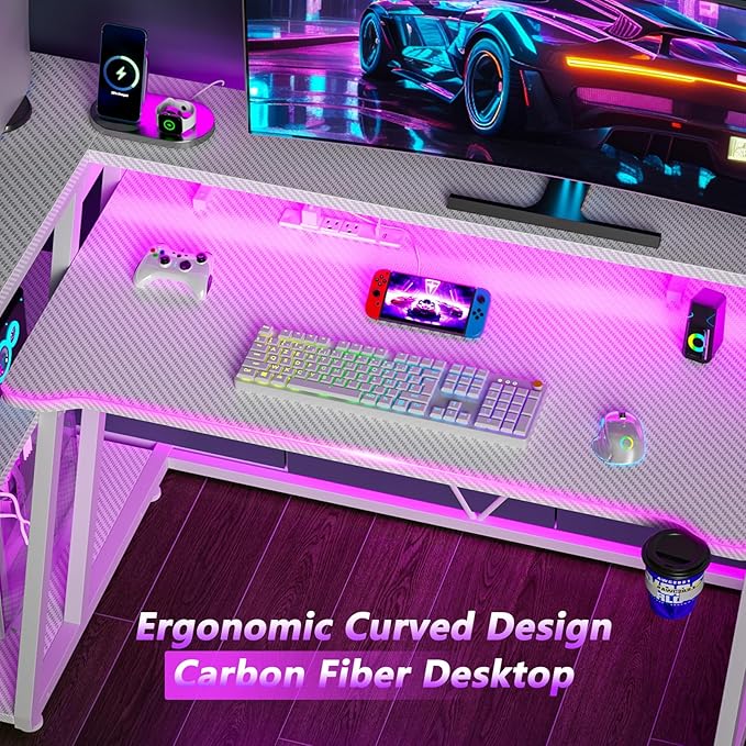 55 Inch White Gaming Desk with Power Outlet & LED Lights, L Shaped Computer Desk Gaming with 3 Tiers Storage Shelves, Reversible Corner Desk with Monitor Stand for Bedroom