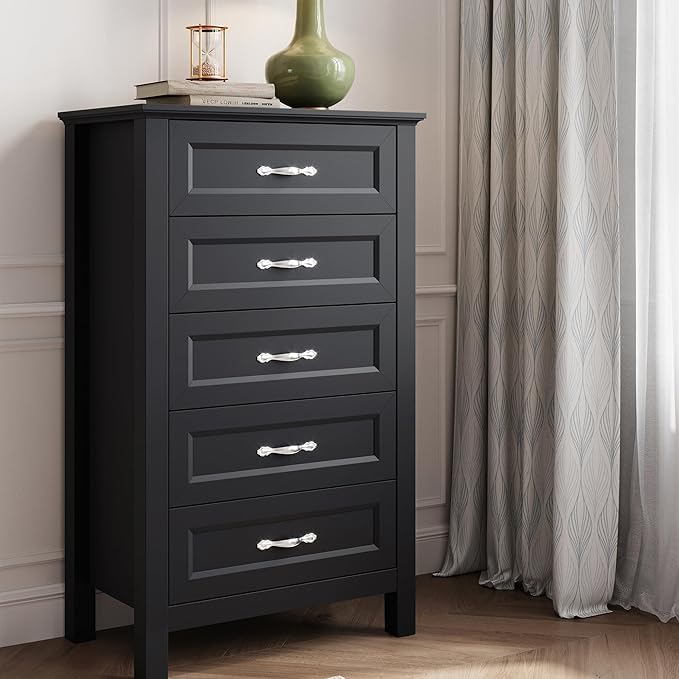LINSY HOME Tall Dresser for Bedroom with 5 Drawers, 45" Tall Dressers & Chests of Drawers, Modern Farmhouse Large Vertical Dresser with Wood Legs for Bedroom, Closet, Living Room, Hallway, Black