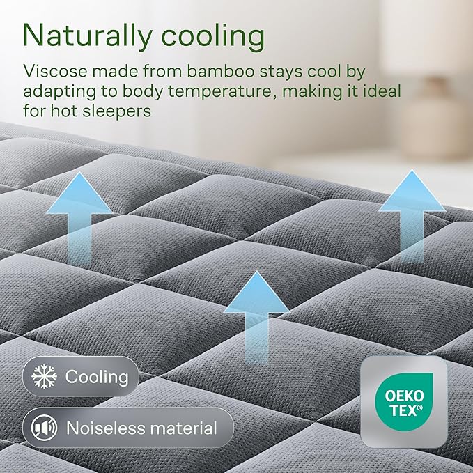 Ultra Soft California King Size Mattress Topper - Viscose Made from Bamboo Pillow Top Mattress Pad for Back Pain Relief - Naturally Cooling for Hot Sleepers, Grey