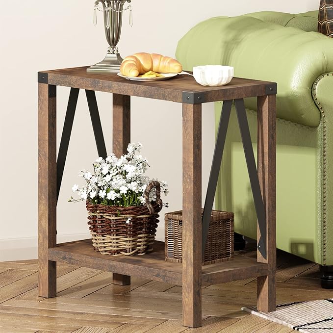 ChooChoo Farmhouse End Table for Small Spaces, Narrow Side End Table with Storage Shelf, Rustic A-Design Nightstand Sofa Table for Living Room, Bedroom (Rustic Brown) 2 Pack