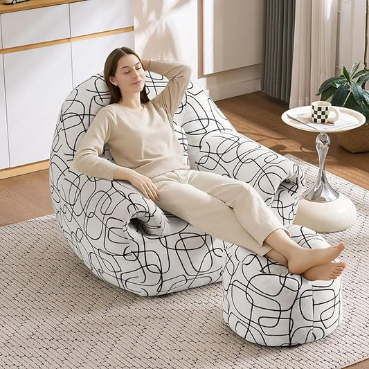 DAICO Bean Bag Chairs for Adults Comfy Accent Chair with Ottoman Floor Sofa Beanbag Couch with Armrests White Single Lazy Sofas with Foam for Living Room Reading Bedroom Gaming (Stripe Pattern)
