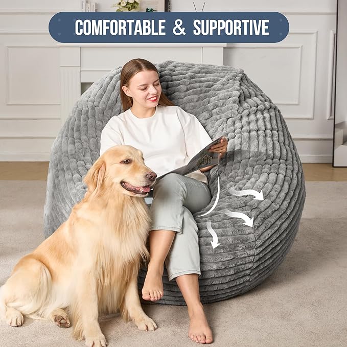 Hobestluk 5ft Bean Bag Chairs for Adults Large Beanbag Chair with Stripe Plush Cover Big Bean Bag Chair for Living Room Bedroom Dorm Office -Grey (50” x 50” x 24”)