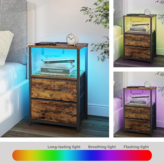 TUTOTAK LED End Table with Charging Station, Nightstand with Cloth Drawer, Side Table with 1 USB Port and 1 Type-C Port, Set of 2, Couch Table, Brown TB01BB052L