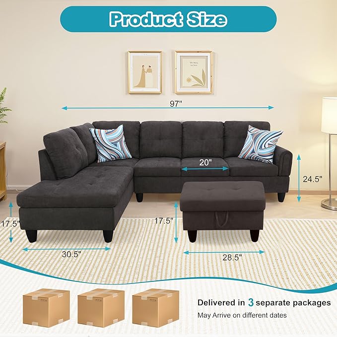 L Shaped Couch Modern Sectional Couch Upholstered Fluffy Fabric 3 Pieces Sofas for Living Room with Chaise, Storage Ottoman for Office and Small Apartment, Dark Brown