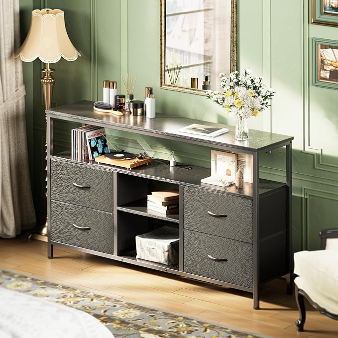 Huuger 47 Inch TV Stand Dresser with Power Outlets and LED Lights, 4 Drawers Entertainment Center with Open Shelf, Media Console for 55 50 Inch TV, Dresser with PU Finish, Black