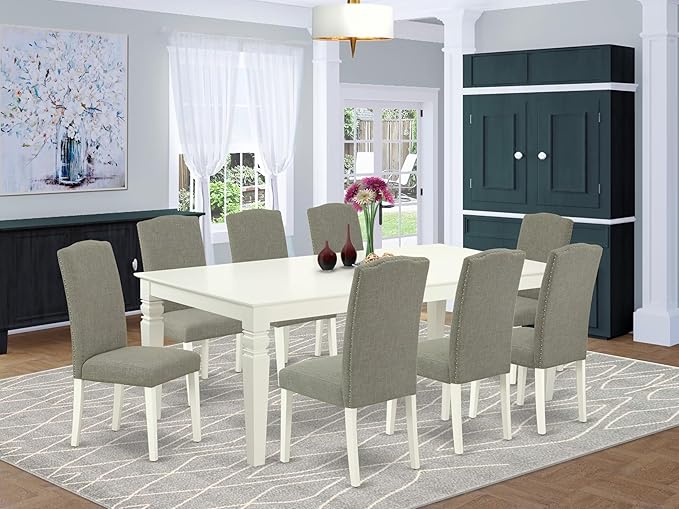 East West Furniture LGEN9-LWH-06 9 Piece Dining Set Includes a Rectangle Dining Room Table with Butterfly Leaf and 8 Dark Shitake Linen Fabric Upholstered Chairs, 42x84 Inch, Linen White