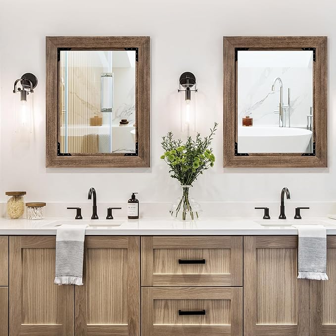 28"x36" Solid Wood Bathroom Mirror Tempered Glass for Wall Mounted, Rustic Wood Frame Wall Mirror Decorative for Living Room Bedroom Vanity Mirror, Rustic Brown