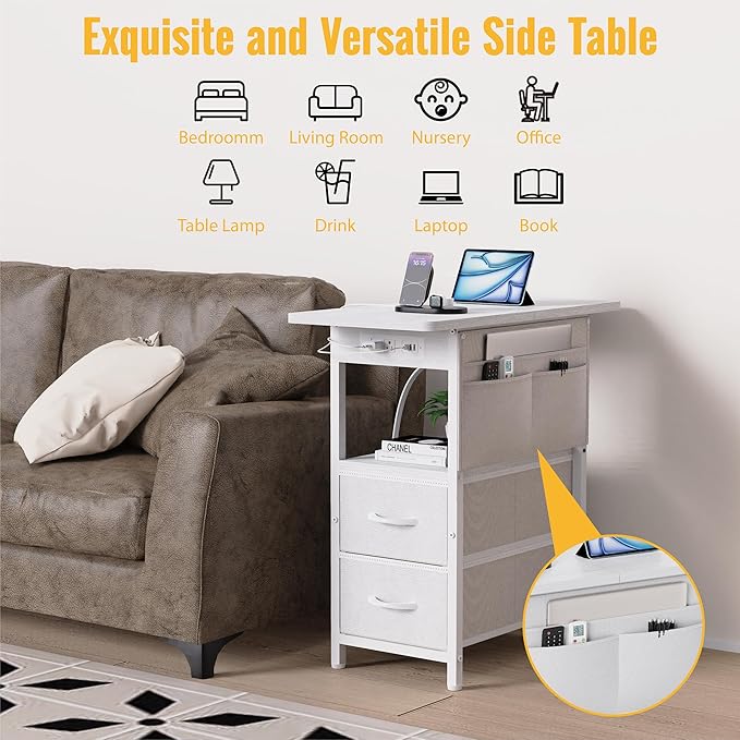 Small Side Table with Charging Station, Narrow Nightstand Bedside Tables with Storage Pocket for Living Room Bedroom, Sofa End Table with USB Ports and Power Outlets for Small Spaces
