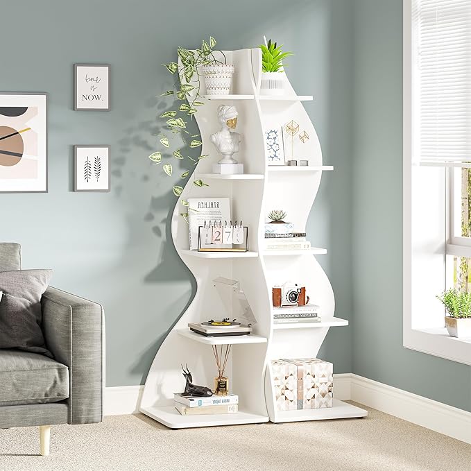 Tribesigns Corner Shelf, Modern 5-Tier Wall Corner Bookshelf, Stylish Corner Small Bookcase Storage Rack Plant Stand with Unique Shape for Living Room, Home Office (White, 1PC)