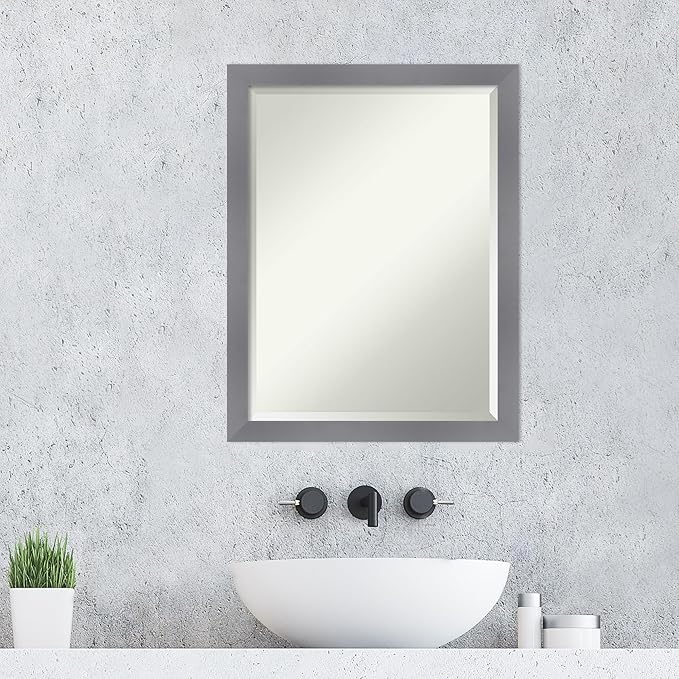 Amanti Art Grey Wall Mirror 27x21 Edwin Grey Rectangle Bathroom Mirror for Wall Decor Living Room, Medium Casual Wood Frame, Hangs Horizonally and Vertically, Bathroom Decor, Beveled Edge from WI, USA