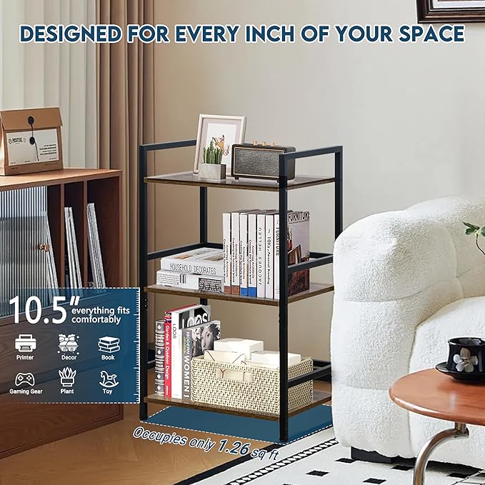 LOFTEY Book Shelf Small Bookshelf, 3 Tier Industrial Short Bookshelf, Metal Open Shelf Bookcase for Living Room, Bedroom, and Office, Rustic Brown
