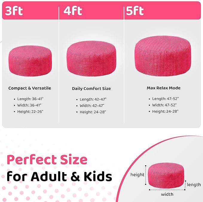 HABUTWAY 5FT Bean Bag Chair, 5' Large Bean Bag Chairs for Adults with Removable Stripe Plush Cover, Memory Foam Beanbag Chair for Living Room Bedroom Dorm (Pink)