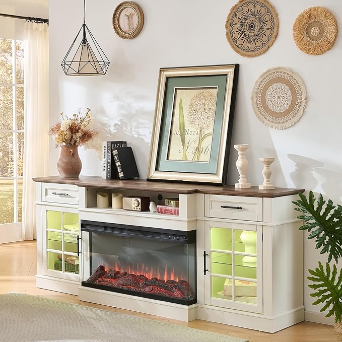 ROCKPOINT 3 Sided Glass 80" Fireplace TV Stand for TVs up to 90", Entertainment Center with Drawers and Glass Door Storage Cabinet for Living Room,36" Electric Fireplace & Adjustable LED Light,White