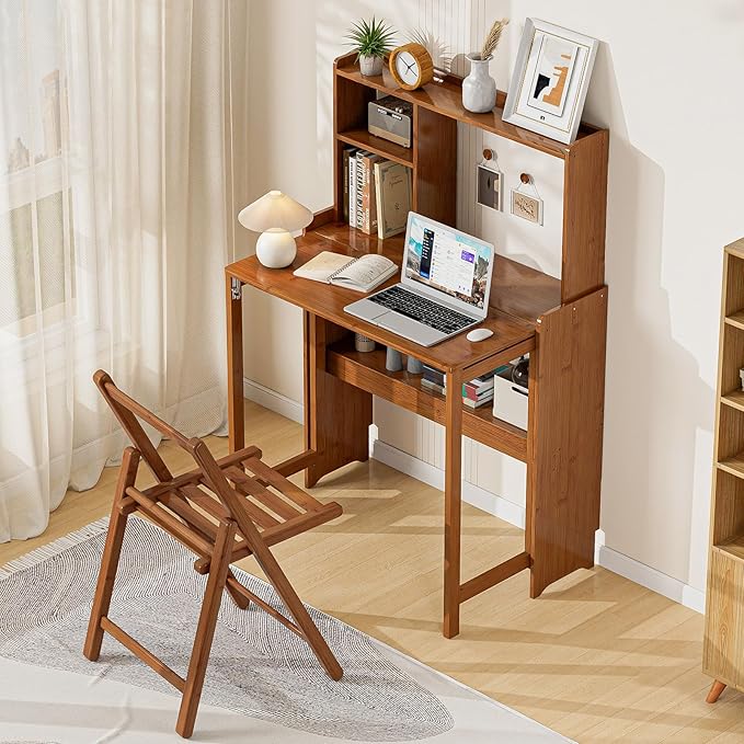 31.1" Bamboo Folding Desk with Bookshelf, Compact Computer Desk for Small Spaces, Foldable Study Table with Storage Shelf, Space-Saving Home Office Table for Bedroom, Dorm, Apartment,Brown