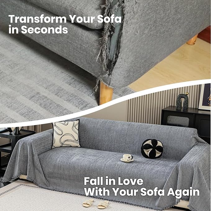 Nobildonna Sofa Cover Washable Soft Thicken Chenille Couch Cover with Tassel,Waterproof Sofa Slipcover for 2-3 Cushion Couch,Sectional Sofa,L-Shaped Furniture Protector Pet-Friendly,Dark Gray 71x118