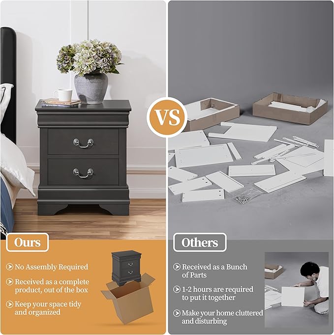 Yaheetech Fully-Assembled Nightstands Set of 2, 2-Drawer Nightstands Large Classic Bedside Tables with Storage, Wooden Painted Storage Cabinet for Bedroom, 21.5" L×16" W×24.5" H, Rustic Gray