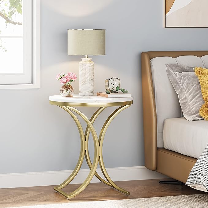 LITTLE TREE Side Table Round End Table Modern Small Accent Table Bedside Table Round Nightstand with Gold Metal Frame and Faux Marble Veneer Engineered Wood for Living Room, White Gold