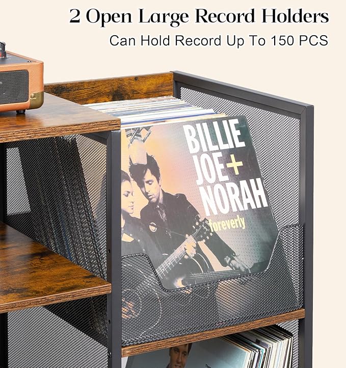 Large Record Player Stand Table with Vinyl Record Holder Up to 150PCS, AV Media Stand Stereo Cabinet Shelf Rack Tower with Storage, Sturdy, Adjustable Feet, Rustic, Large Capacity