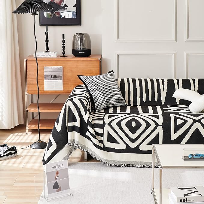 STACYPIK Reversible Boho Couch Cover Ivory Black Futon Armchair Slipcovecrs Anti-Slip Sofa Cover for Dogs Cats Geometric Triangle Couch Cover Versatile Furniture Protector for 2 Cushion Couch-71X102IN