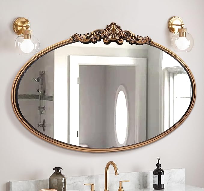 WAMIRRO Oval Mirror,Gold Traditional Vintage Ornate Baroque Mirrors,Antique Brass Mirrors for Entryway/Fireplace/Living Room/Hallway/Bathroom.36“X24“Gold