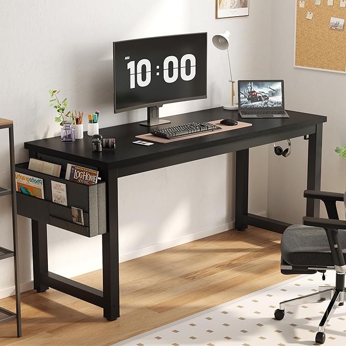 Large Computer Desk - 63 Inch Home Office Desks Study Student Writing Table Gaming Desk Wood Modern Simple Table with Storage Bag & Headphone Hooks, Black