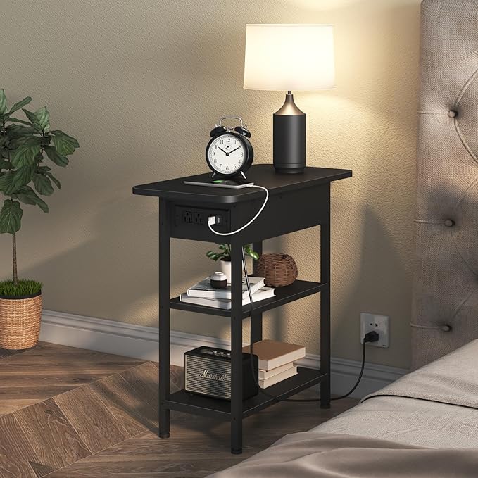 LIDYUK End Table with Charging Station, Set of 2 Flip Top Narrow Side Table for Small Spaces, Nightstands Set of 2 for Bedroom, End Tables Living Room with Storage Shelves, Black