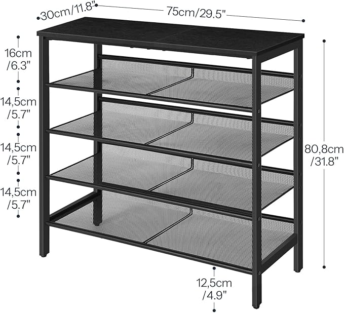 HOOBRO Shoe Rack for Entryway, 5-Tier Organizer with Adjustable Mesh Shelves, 16-20 Pairs, Spacious Floor Mount, Metal, Industrial, Closet Shoe Shelf, Black BB12XJ01