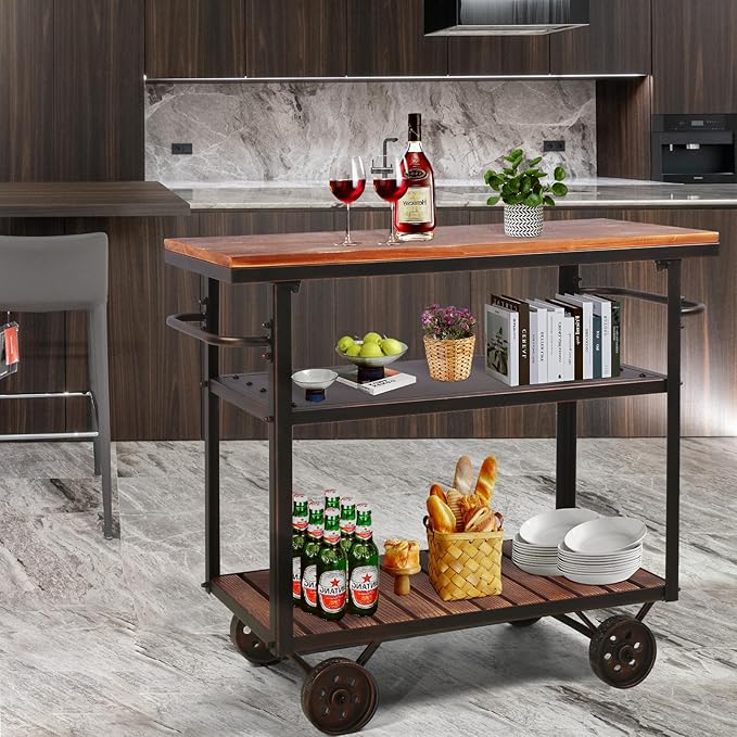 Farmhouse Mobile Cart with Wheels for Home Kitchen Industrial Rolling Food Cart Outdoor Vintage Wood and Metal Design Utility Cart in Office Coffee House 3 Tier with 2 Side Handle