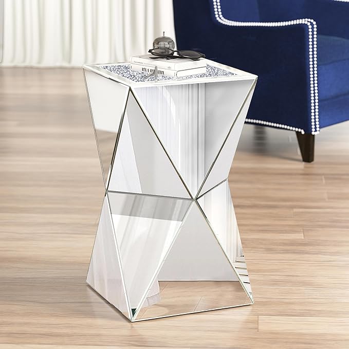 ENENE Mirrored Diamond Setting End Table Glass Decorative Side Table for Living Room Small Spaces Coffee Table Modern Pedestal Accent Table for Bedroom Office Hallway Entryway