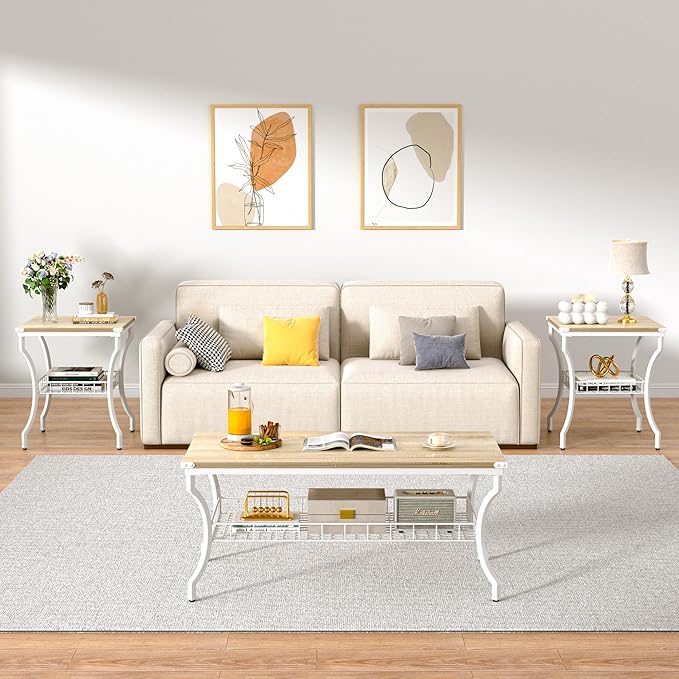 VECELO 3 Pieces Living Room Table Sets, Coffee and End Tables with Open Storage Shelves for Apartment, Home Office, Small Space, Easy Assembly, White Oak